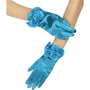 Women's Blue Elegant Floral Satin Short Gloves Wedding Dress Party Accessories